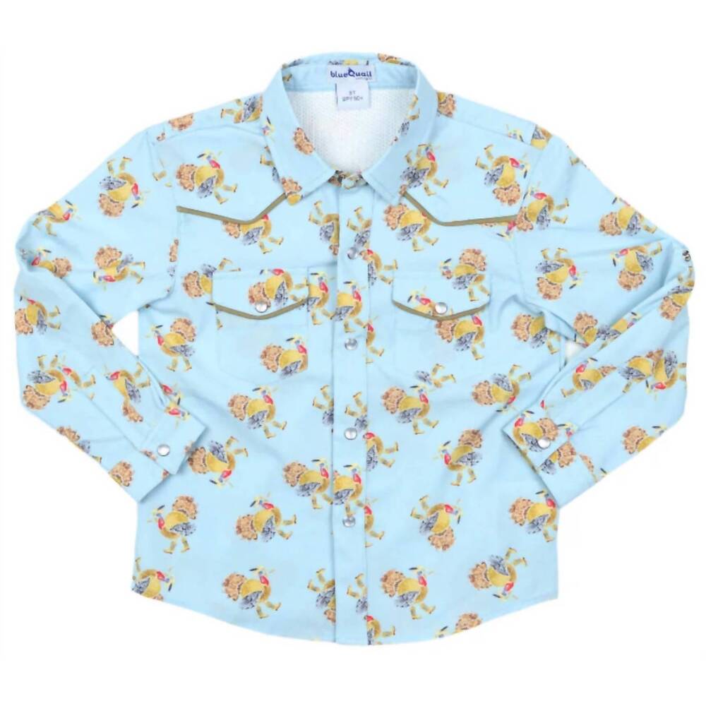 NEW BLUE QUAIL CLOTHING CO. kid's turkey pearl snap long sleeve shirt in blue